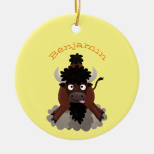 Lustigt illustration av tecknaden buffalo bison julgransprydnad keramik