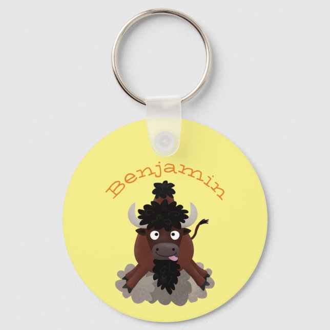 Lustigt illustration av tecknaden buffalo bison nyckelring (Framsida)
