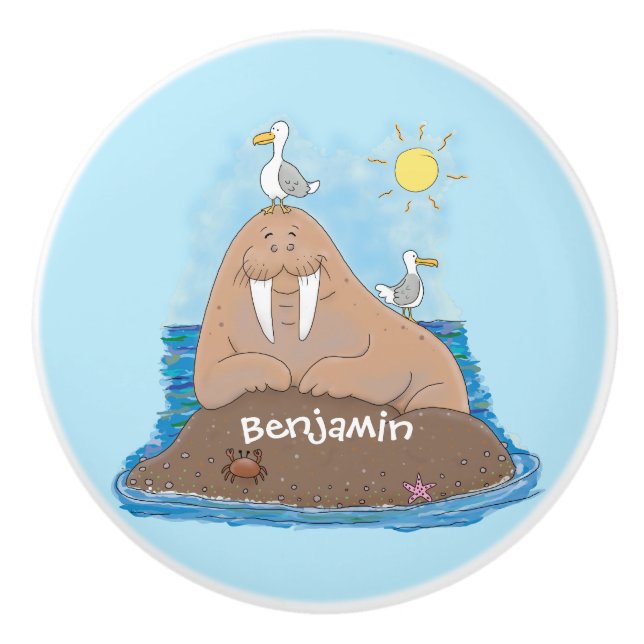 Lustigt illustration av tecknaden lycklig walrus knopp (Framsidan)