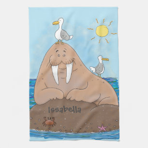 Lustigt illustration av tecknaden lycklig walrus kökshandduk