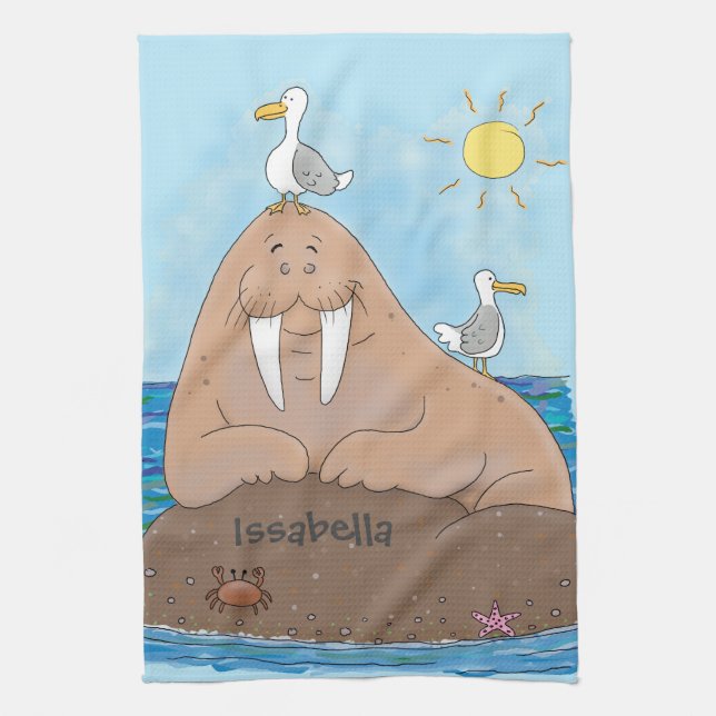 Lustigt illustration av tecknaden lycklig walrus kökshandduk (Vertikal)