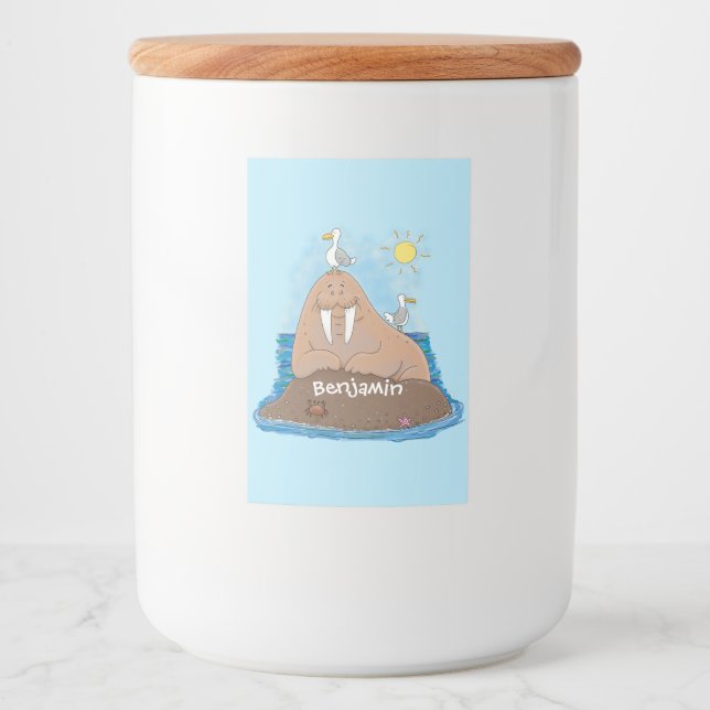 Lustigt illustration av tecknaden lycklig walrus mat etikett (Framsida)