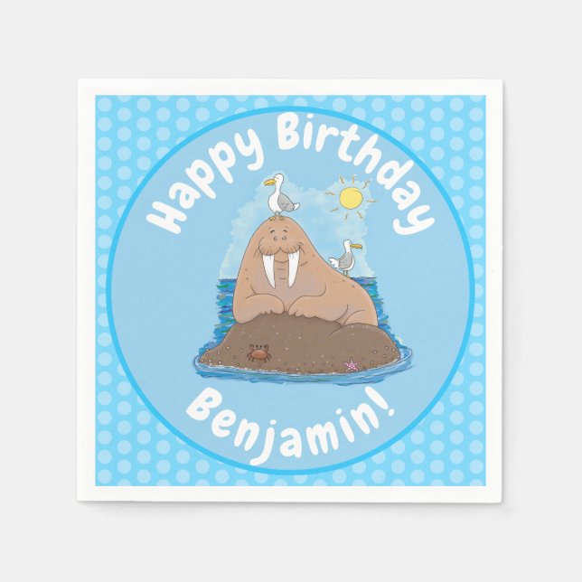 Lustigt illustration av tecknaden lycklig walrus pappersservett (Framsidan)