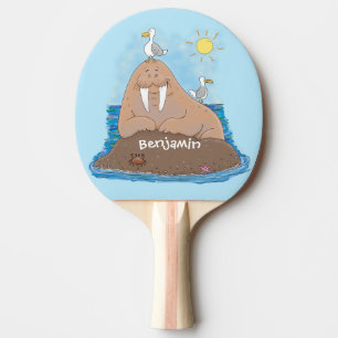 Lustigt illustration av tecknaden lycklig walrus pingisracket