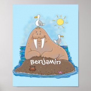 Lustigt illustration av tecknaden lycklig walrus poster