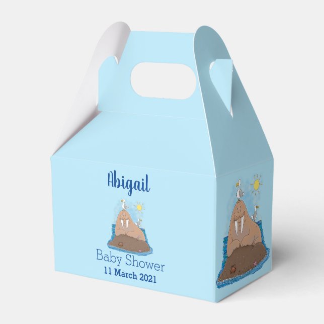 Lustigt illustration av tecknaden lycklig walrus presentaskar (Framsidan Sidan)