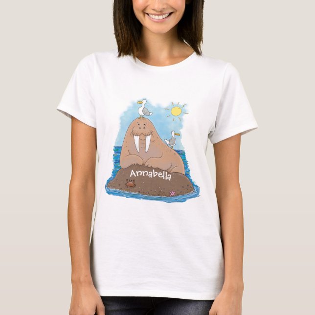 Lustigt illustration av tecknaden lycklig walrus t shirt (Framsida)