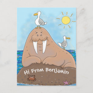 Lustigt illustration av tecknaden lycklig walrus vykort