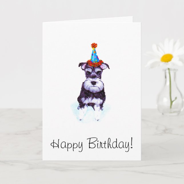 Lustigt illustrerad schnauzer puppy party hat kort (Liten växt)