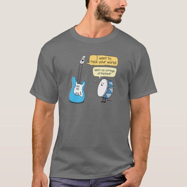 Lustigt inga strängar kopplade Guitar med trumma T Shirt (Framsida)