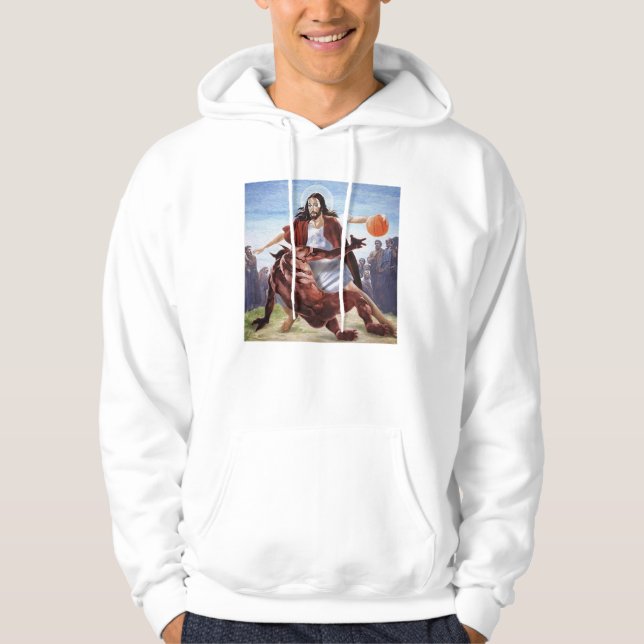 Lustigt Jesus som korsar upp den kristna Djävulen Hoodie (Framsida)