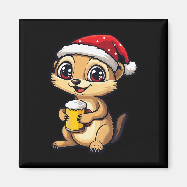 Lustigt jul-Meerkat med öl-Tecknad Magnet (Framsidan)