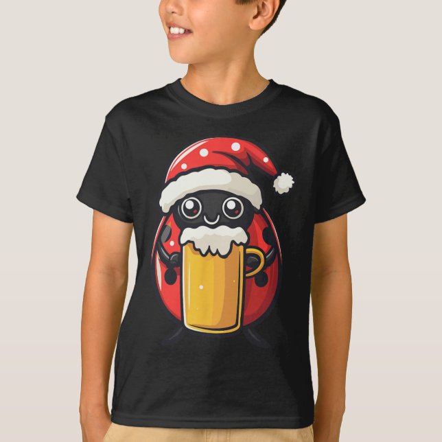 Lustigt julladybug med öl-Tecknad T Shirt (Framsida)