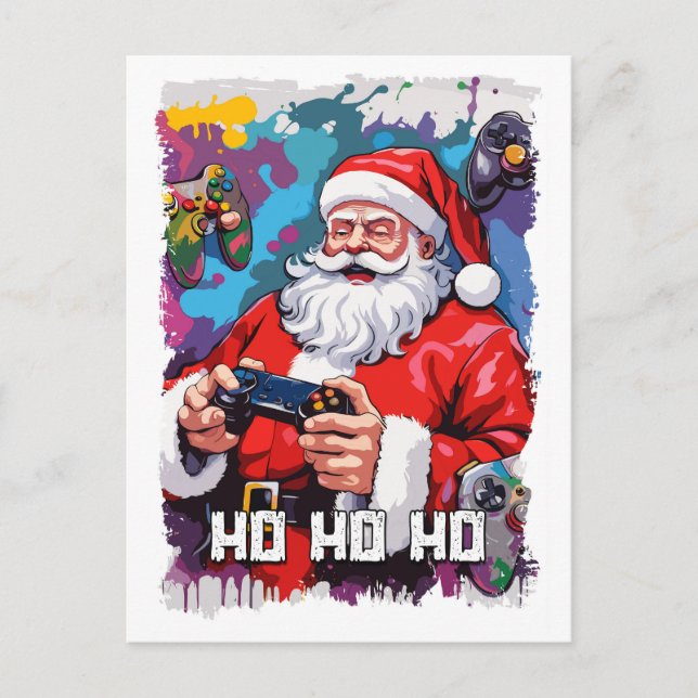 Lustigt Jultomten spelar videospel illustration Vykort (Framsida)