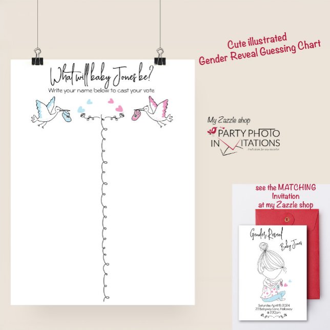 Lustigt kalvdiagram för Gender av stork Poster (Gender reveal guessing chart)