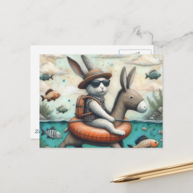 Lustigt kanin i en Donkey Flyter Digital Art Vykort (Fram/Back In Situ)