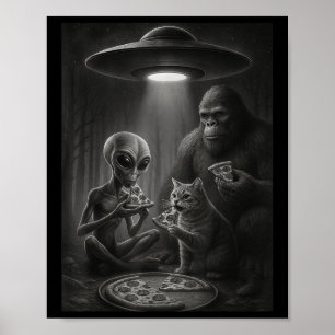 Lustigt katt med Alien och Bigfoot äter Pizza Ufo Poster