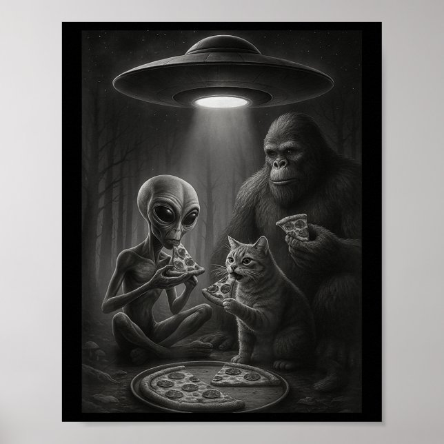 Lustigt katt med Alien och Bigfoot äter Pizza Ufo Poster (Framsidan)