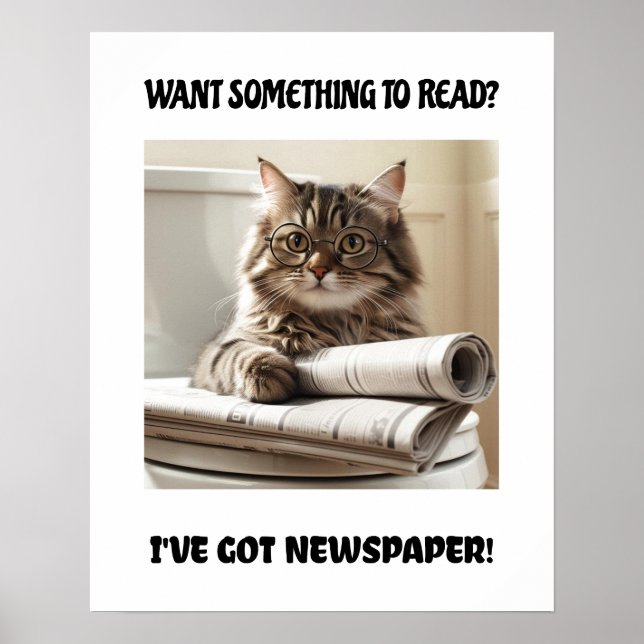 Lustigt katt med tidningar och toalettväggskonst poster (Framsidan)
