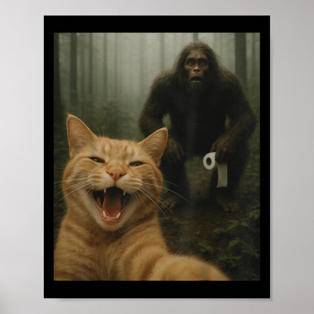 Lustigt katt överraskad Lycklig Selfie med Bigfoot Poster (Framsidan)