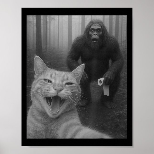 Lustigt katt överraskad Lycklig Selfie med Bigfoot Poster (Framsidan)