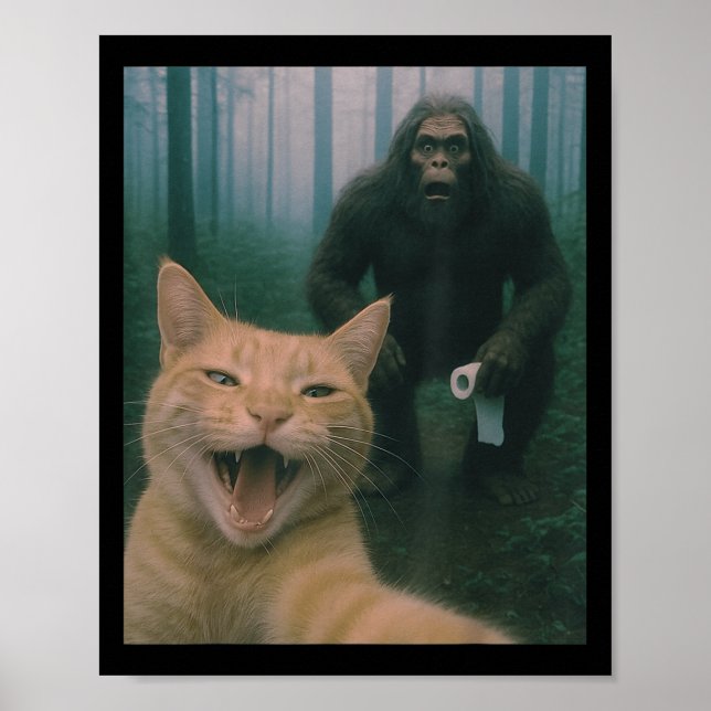 Lustigt katt överraskad Lycklig Selfie med Bigfoot Poster (Framsidan)
