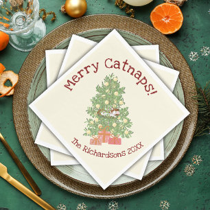 Lustigt katt på Chistmas Träd Merry Catnaps! Cream Pappersservett