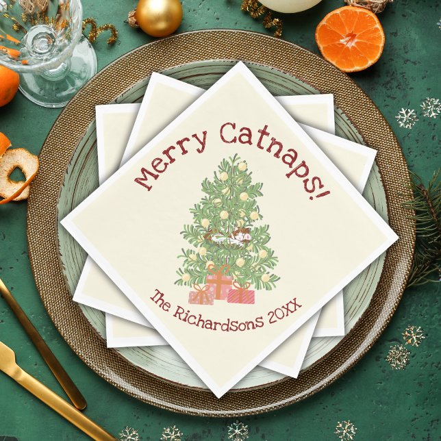 Lustigt katt på Chistmas Träd Merry Catnaps! Cream Pappersservett (Skapare uppladdad)