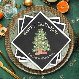 Lustigt katt på Chistmas Träd Merry Catnaps! Svart Pappersservett