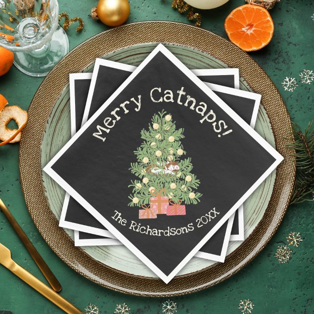 Lustigt katt på Chistmas Träd Merry Catnaps! Svart Pappersservett (Skapare uppladdad)