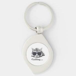 Lustigt kattkyla med kute och solglasögon swirl silverfärgad nyckelring