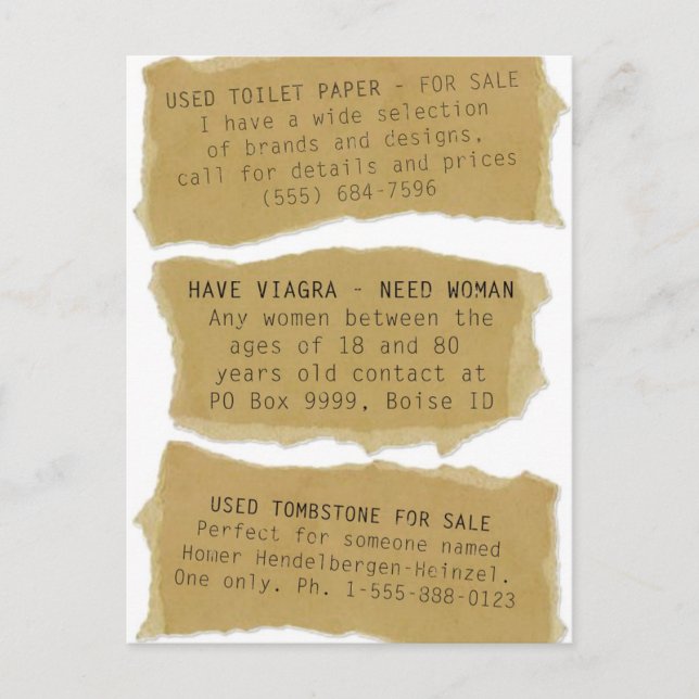 Lustigt klassifieds 8 PK. Postkort Vykort (Framsida)