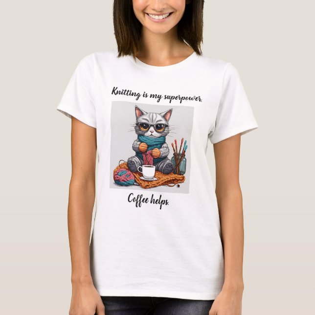 Lustigt Knitting Tshirt Superpower Cat T Shirt (Framsida)