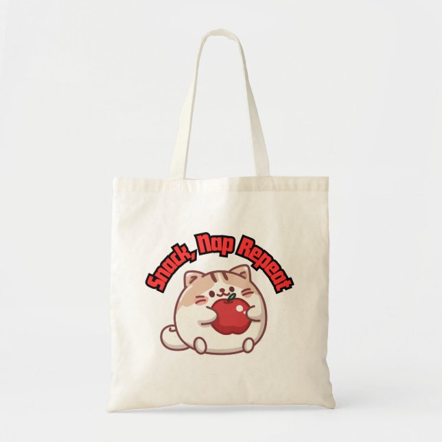Lustigt Knubbig Kawaii Anim Cat with Apple Tote ba Tygkasse (Framsidan)