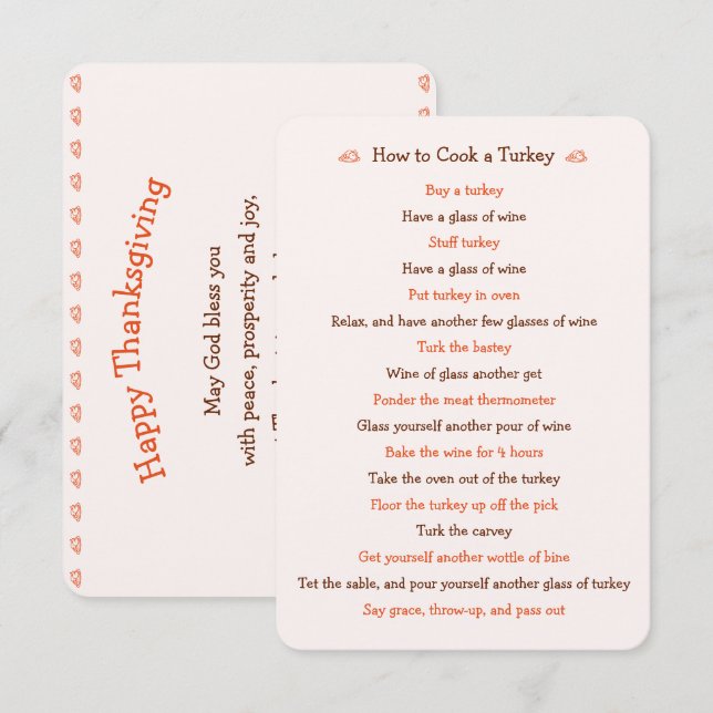 Lustigt kort för Thanksgiving hur Turkiet ska rost (Fram/baksida)