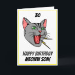 Lustigt kött Kat White 30th Son Birthday Kort<br><div class="desc">Lustigt Meving Cat White 30th Son Birthday, en unik design för alla som tittar något speciellare för sin son på sin födelsedag. Designen har en söt katt i framkanten med anpassade som du kan anpassa, så tveka inte att anpassa den för att göra din egen födelsedagsinbjudan. Om du har problem...</div>