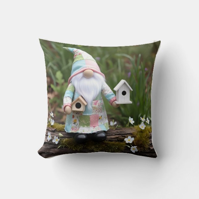Lustigt lappverk Gnome: Home Sweet Birdhouse Kudde (Framsida)