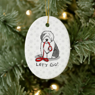 Lustigt Låt oss Go! Walk Old English Sheepdog (Grå Julgransprydnad Keramik