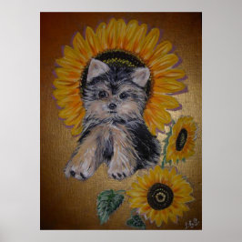 Lustigt lilla Hund och solblommor Poster