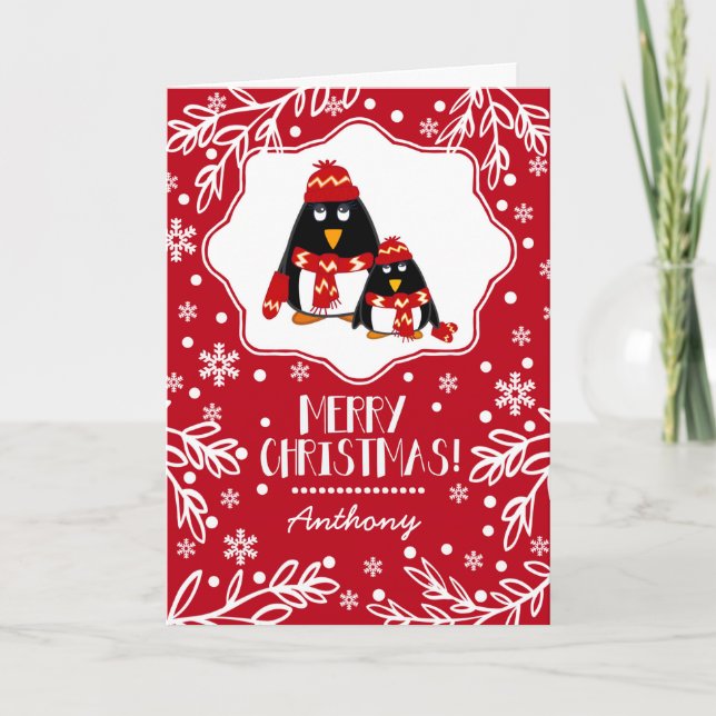 Lustigt, lilla Penguins eget namn Jul Helgkort (Framsida)