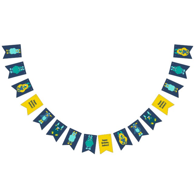 Lustigt lilla Tecknad Monsters Boys Birthday Vimplar (Alla)