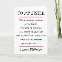 Lustigt Little Sister Cheeky Verse Birthday Card Kort