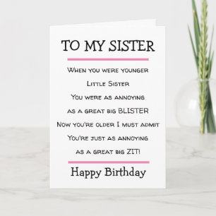Lustigt Little Sister Cheeky Verse Birthday Card Kort