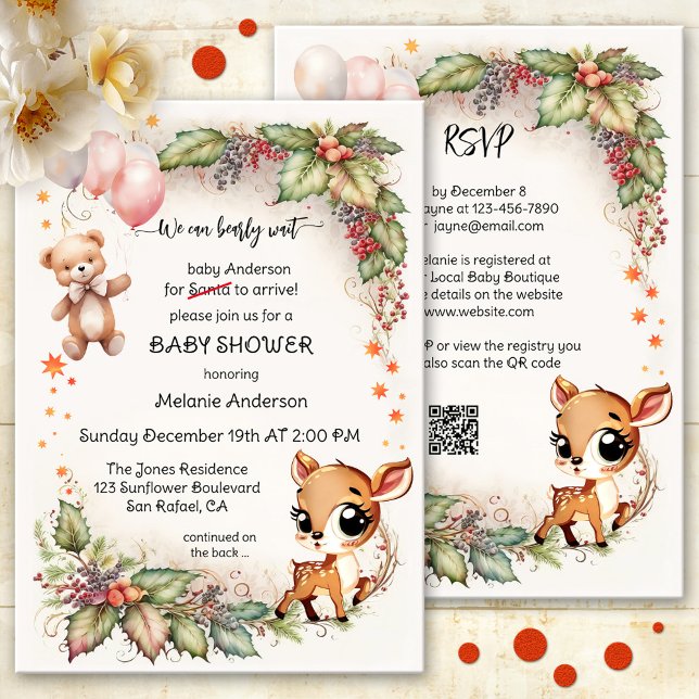 Lustigt ljus - julklapp - babystövel inbjudningar (Christmas baby shower invitation with cute bear and deer on watercolor leaves and berries - QR code)