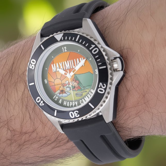 Lustigt Lycklig Camper-Tecknad med ditt namn Armbandsur (Happy camper watch on a man's wrist)