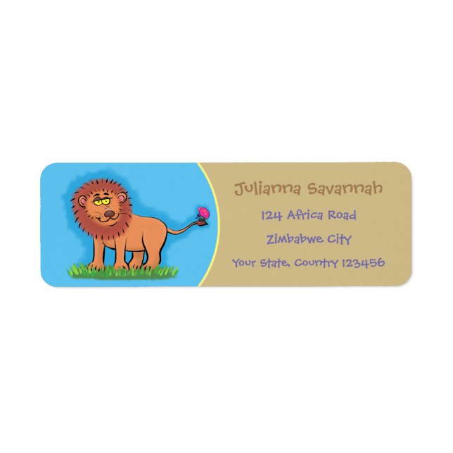 Lustigt, lycklig lejont med fjärilspassen tecknad returadress etikett (Framsidan)