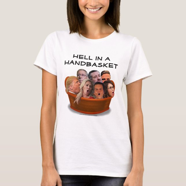 Lustigt MAGA helvetet i en handkorg mot Konservati T Shirt (Framsida)