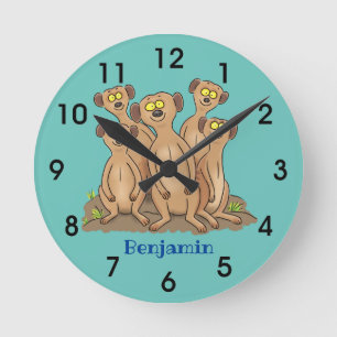 Lustigt meerkat familjens tecknad illustration rund klocka