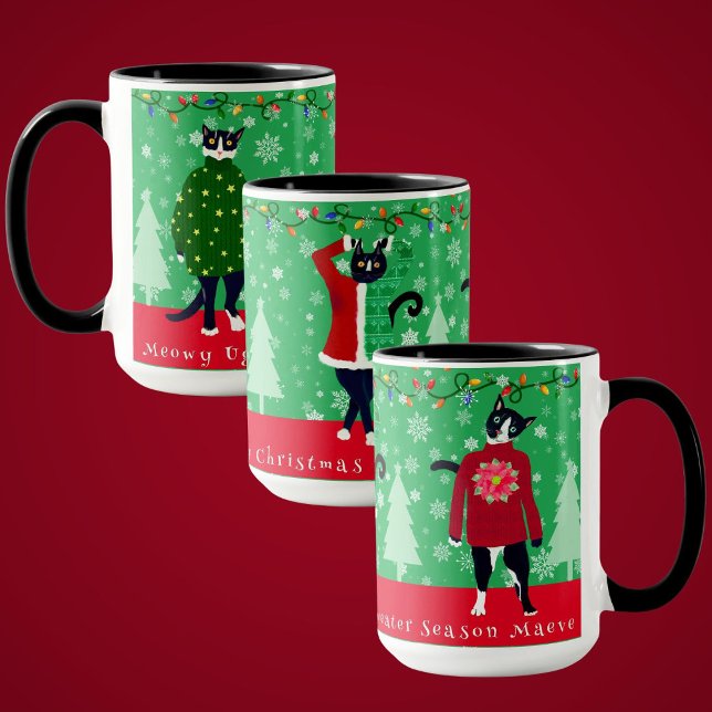 Lustigt Meowy Cats i Ugly julsötare Mugg (Tuxedo cats model ugly Christmas sweaters funny personalized holiday mug)