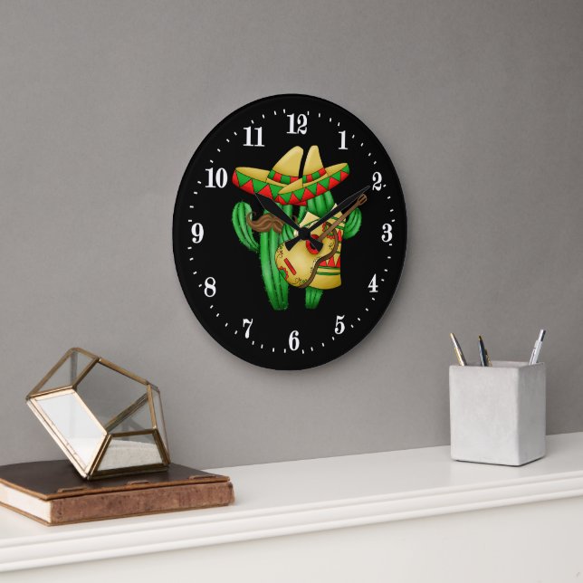 Lustigt mexikanskt cactus deka Large Clock Stor Klocka (Kontor)